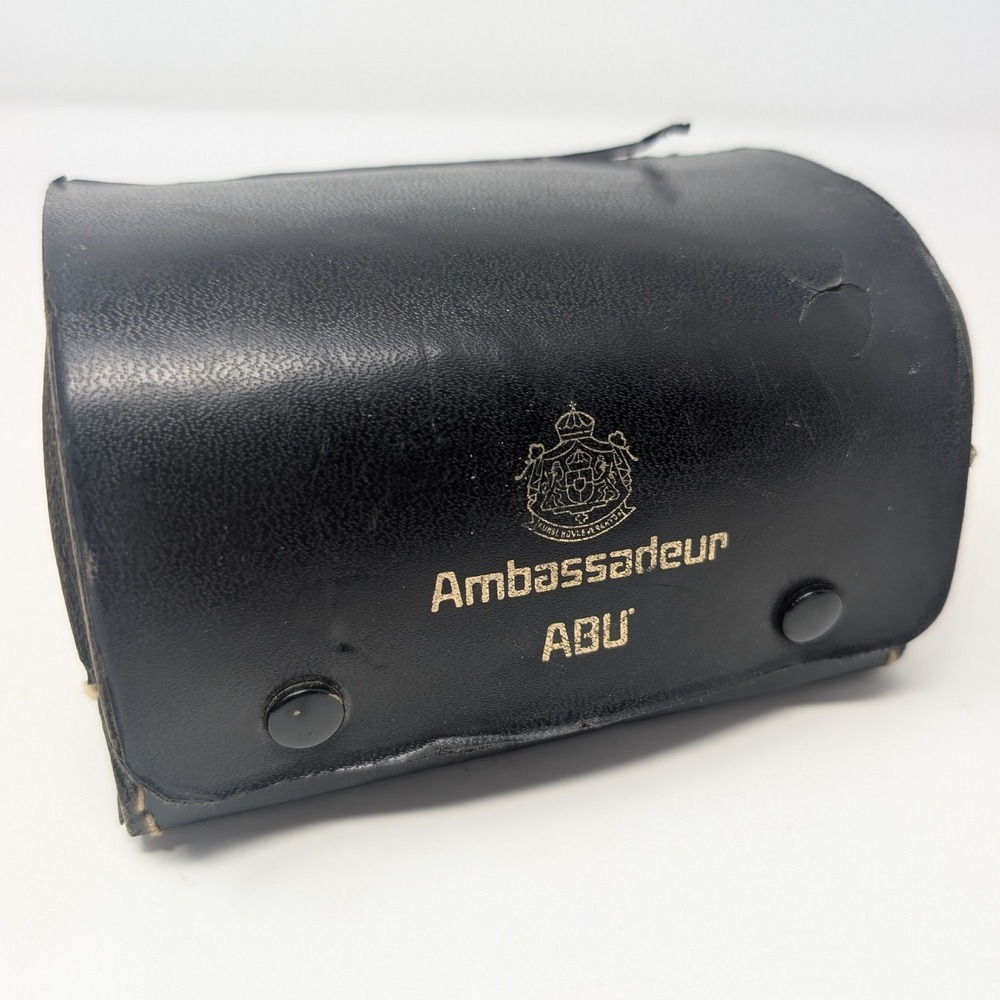 Vintage ABU Ambassadeur Black Leather Fishing Reel Pouch Case Snap Closure